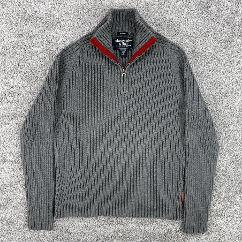 VTG Y2K Abercrombie Fitch Sweater Men's XL Gray Ribbed Muscle Slim Fit 1/4 Zip